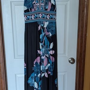 Floral Black Maxi Dress with Blue and Pink Accents